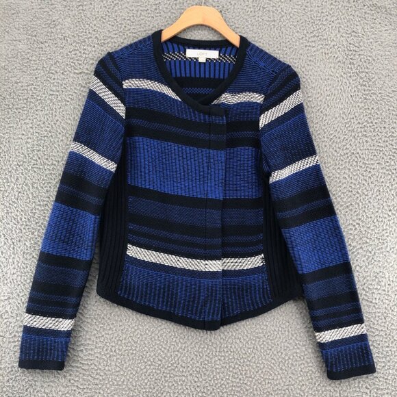 LOFT Sweater Blazer Womens Small Blue Black Striped Cardigan Knit Moto Jacket - Picture 1 of 10